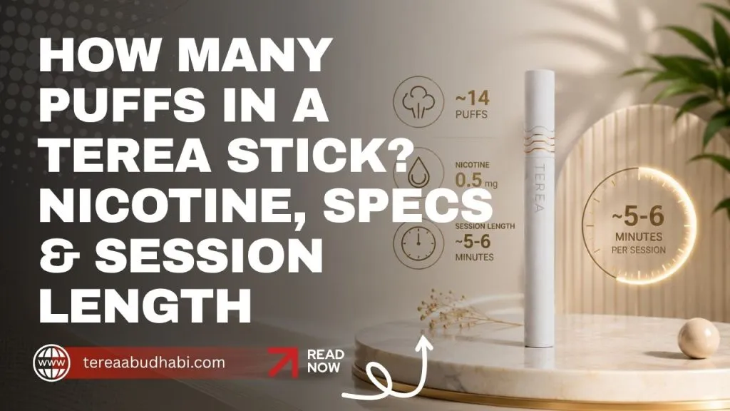 A TEREA stick shown with its nicotine content, puff count and session length