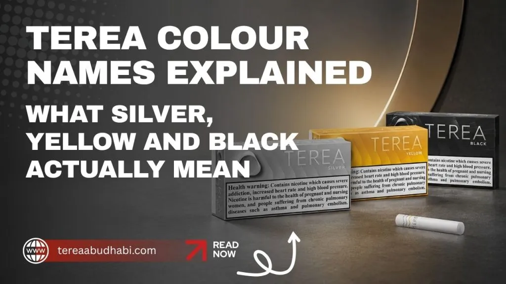 TEREA packs in Amber, Silver, Yellow and Turquoise showing the colour naming system